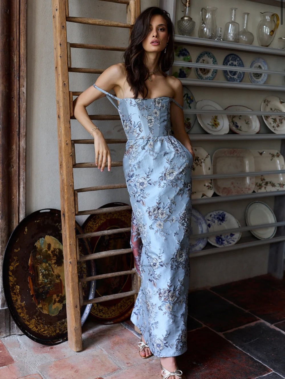 V. Chapman Cheryl Dress in Light Blue Lilibet Brocade